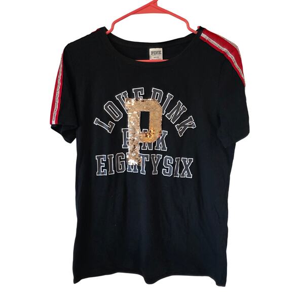PINK Victorias Secret Short Sleeve Bling Tee Size Medium Black Gold Rhinestones - Picture 1 of 4